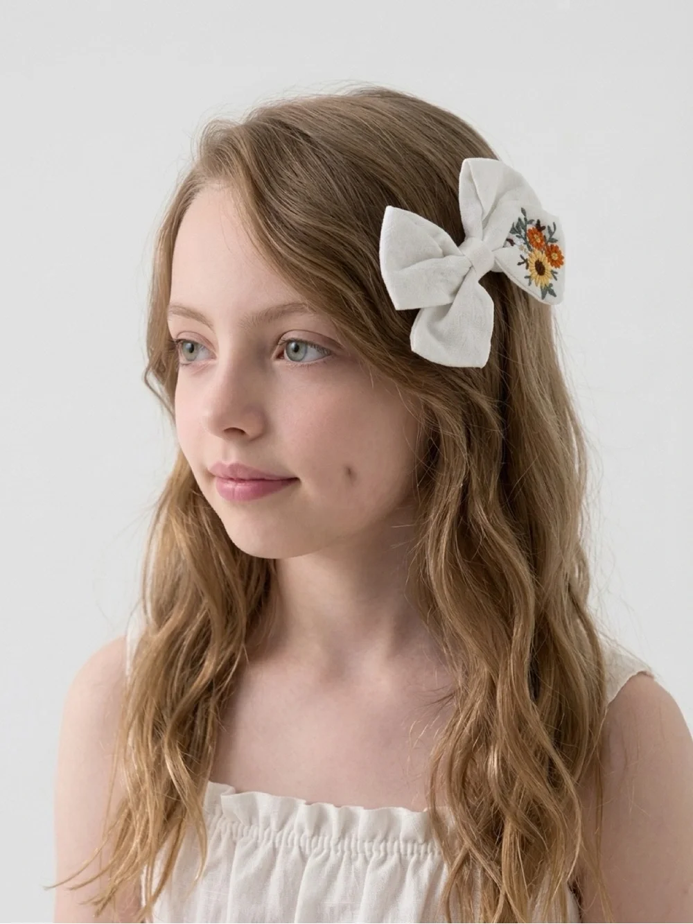 Handmade Linen Sunflower Floral Embroidered Hair Bow Clip